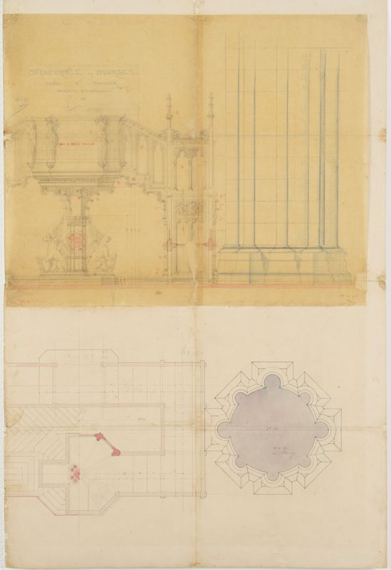 Plan et élévation d’un projet de chaire à prêcher et du pilier adjacent, avec détails d’exécution, dressés par Antoine Nicolas Bailly à l’encre et lavis sur calque et papier, le 25 décembre 1865. AD du Cher, 36 Fi 63 195 (3)