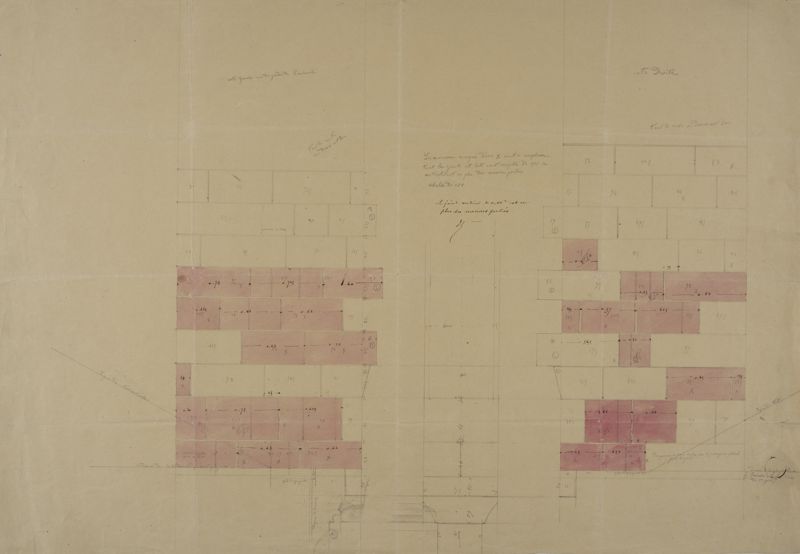Détails de maçonnerie dont « les morceaux marqués d’une X sont à remplacer », dessinés par Paul Boeswillwald à destination d’Henri Tarlier, son inspecteur diocésain, s. d. [après 1892]. AD du Cher, 36 Fi 63 283