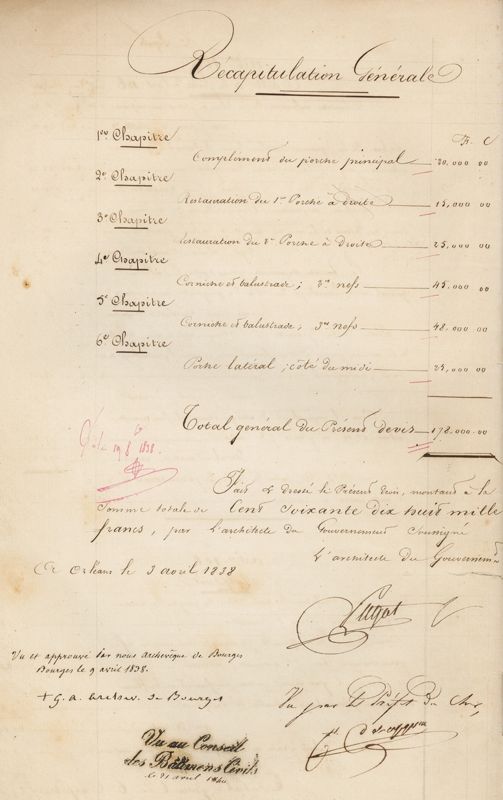 Récapitulation générale du devis rectificatif du 3 avril 1838, signé par François-Narcisse Pagot, l’archevêque de Bourges, le préfet du Cher et validé par le Conseil des bâtiments civils. AD du Cher, V 100
