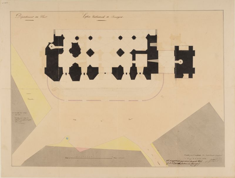 Plan du bloc de façade de la cathédrale de Bourges, dressé par Barthélemy Juillien, « architecte du Département », à l’encre et au lavis sur papier, et approuvé par l’archevêque de Bourges, le 12 avril 1844. AD du Cher, V 101