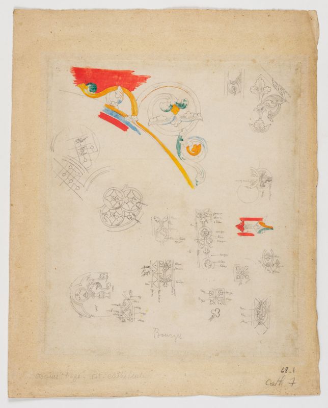 Dessins de détails de la cathédrale de Bourges, réalisés par François-Alexandre Hazé au crayon et à l’aquarelle sur papier, recto, s. d. AD du Cher, 36 Fi 63 244