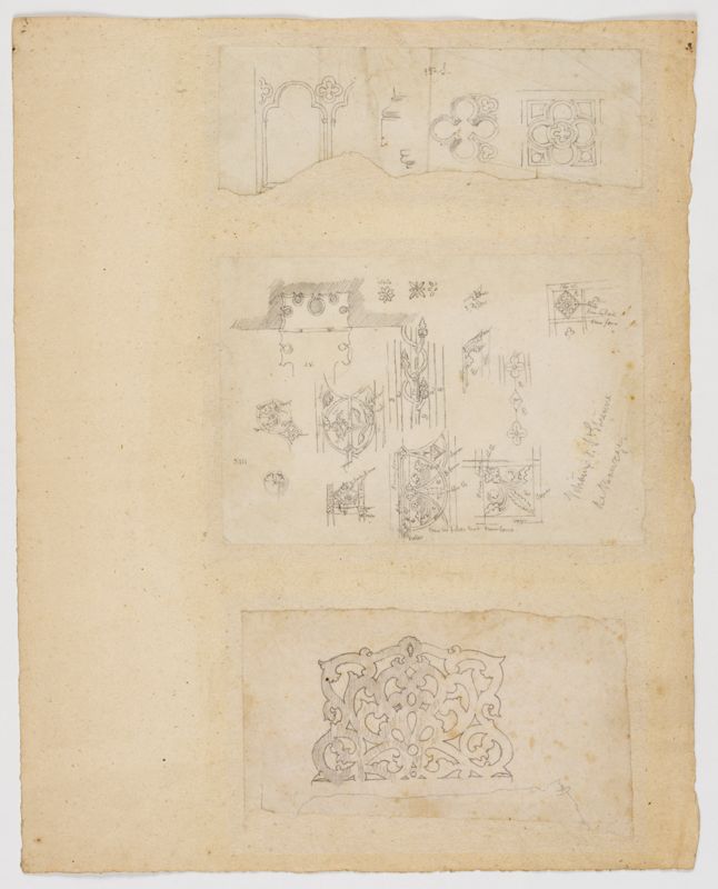 Dessins de détails de la cathédrale de Bourges, réalisés par François-Alexandre Hazé au crayon et à l’aquarelle sur papier, verso, s. d. AD du Cher, 36 Fi 63 244