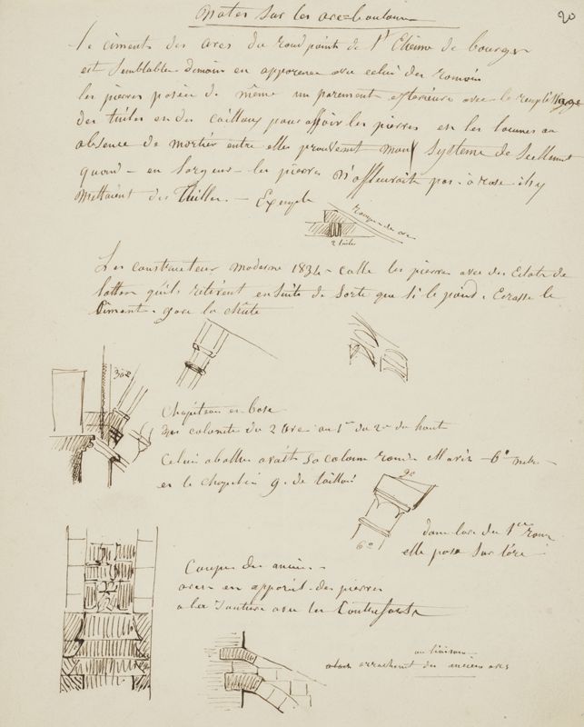 Notes sur les arcs-boutants qui évoque le « constructeur moderne » de 1834, soit sous la direction de François-Narcisse Pagot, par Jules Dumoutet, s. d. Bibliothèque municipale de Bourges, Ms 451, 20