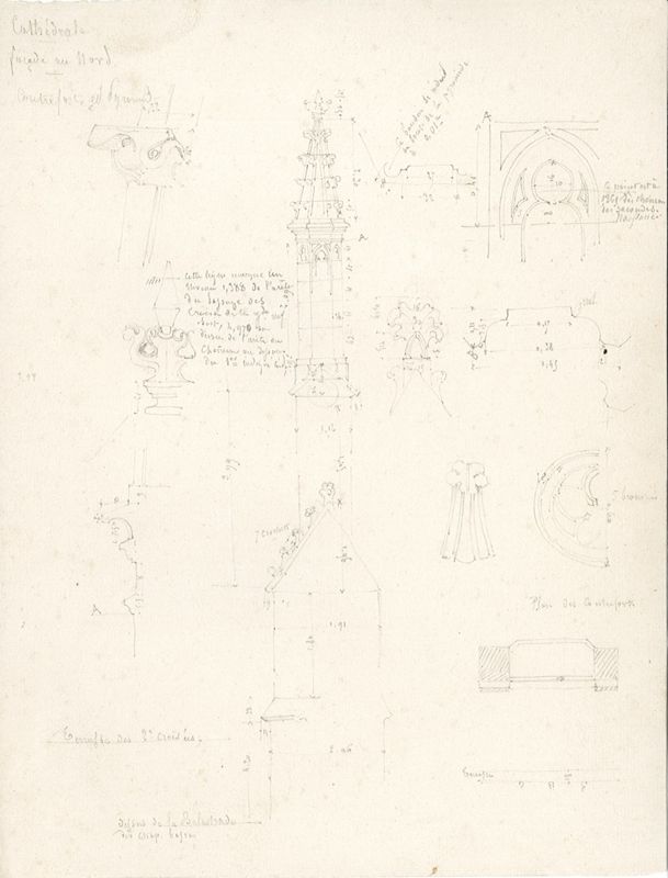 Dessin au crayon sur papier présentant des détails de la façade de la tour nord, s. d. [vers 1852].  AD du Cher, J 208.