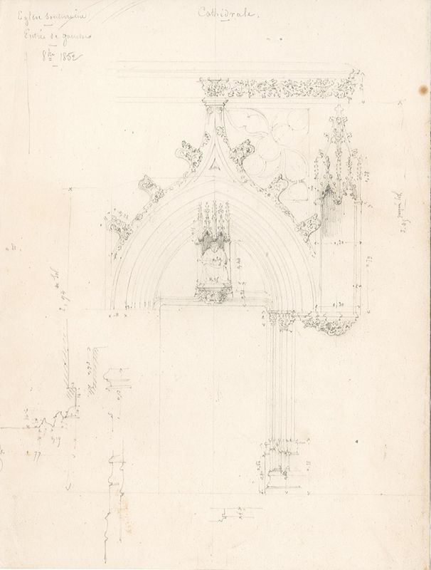 Dessin au crayon sur papier présentant l’élévation de « l’entrée de gauche » de l’église souterraine, octobre 1852. AD du Cher, J 208