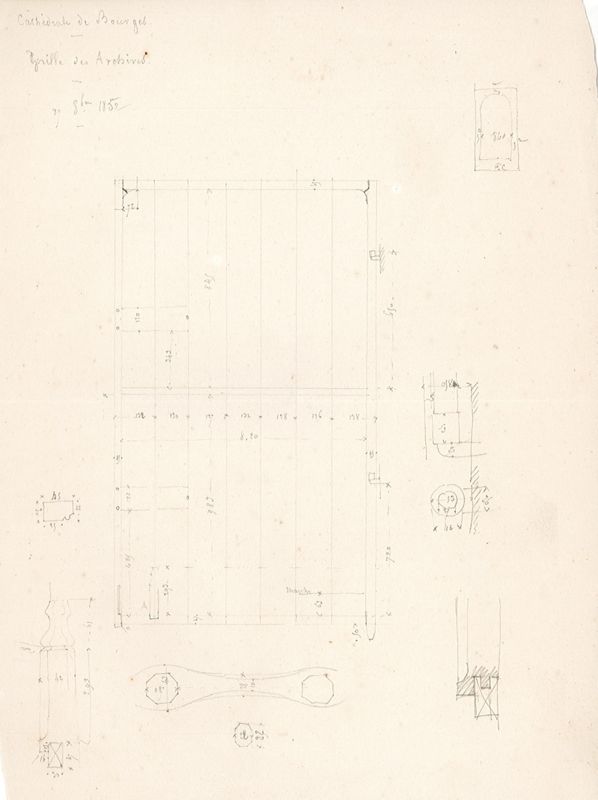 Dessin au crayon sur papier présentant les détails de la grille des archives, 27 octobre 1852. AD du Cher, J 208