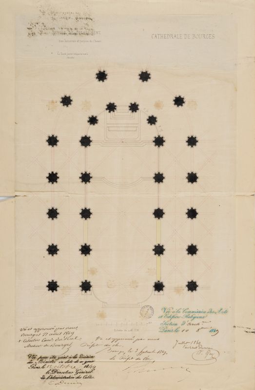 Plan de la cathédrale de Bourges pour le projet de dégagement du chœur, avec boiseries et parpaings, dressé par Victor Gay à l’encre et lavis sur calque, en juillet 1849.  AD du Cher, J 212