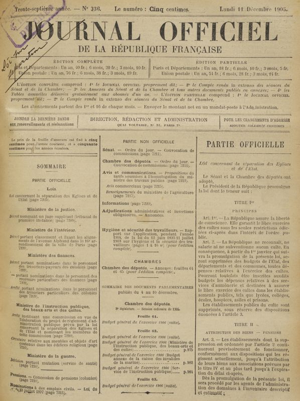 Journal officiel de la République française du 11 décembre 1905 sur la loi de Séparation des Églises et de l’État. AD du Cher, K 550.