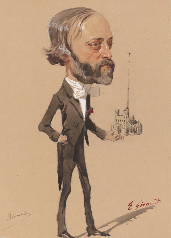 Caricature d’Eugène Viollet-le-Duc par Eugène Giraud publiée dans Les Soirées du Louvre en 1861. BnF, département Estampes et photographie, Réserve FT 4-NA-87 (6)
