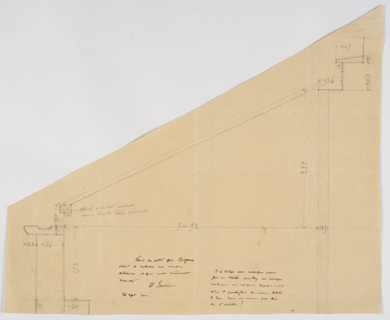 Coupe transversale de la charpente du comble du bas-côté nord annotée par Henri Tarlier à l’attention de l’architecte diocésain, s. d. AD du Cher, 36 Fi 63 289 