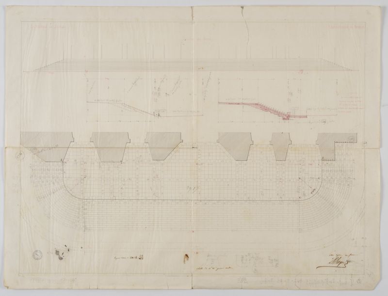 « Copie conforme » de plan, élévation et coupes du perron à restaurer de Victor Gay, dressée par Léonard Hippolyte Roger à l’encre sur calque, s. d. [vers 1849]. AD du Cher, J 211