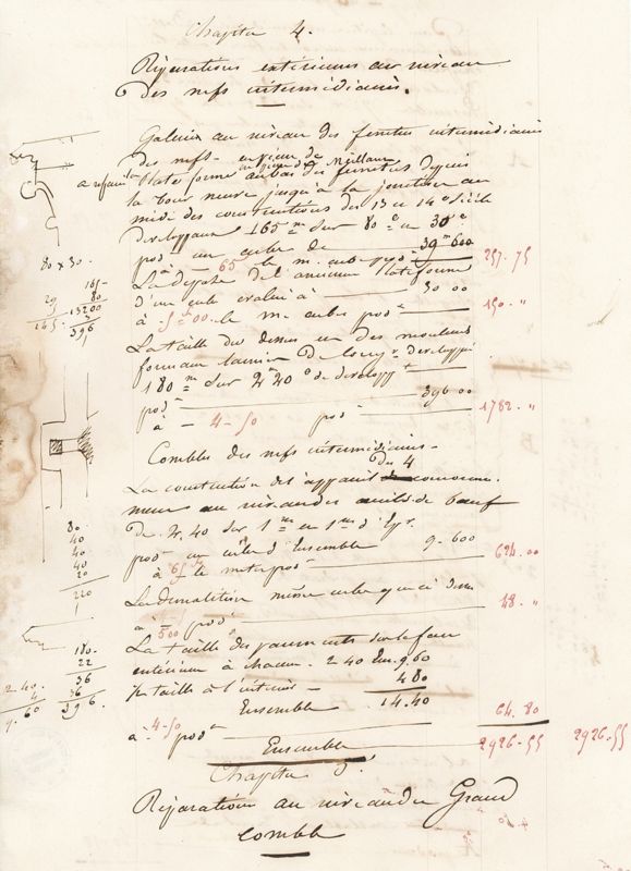 Extrait du chapitre 4 d’un état des réparations à faire pour l’année 1850, dressé par Victor Gay et comportant des croquis dans les marges. AD du Cher, J 1964