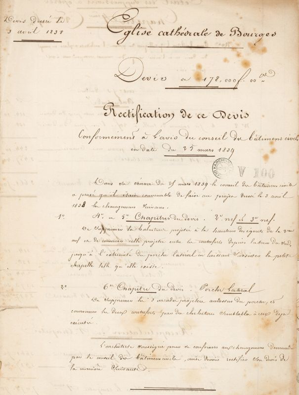 Rectification d’un devis « conformément à l’avis du Conseil des bâtiments civils », du 25 mars 1839, rédigé par François-Narcisse Pagot. AD du Cher, V 100