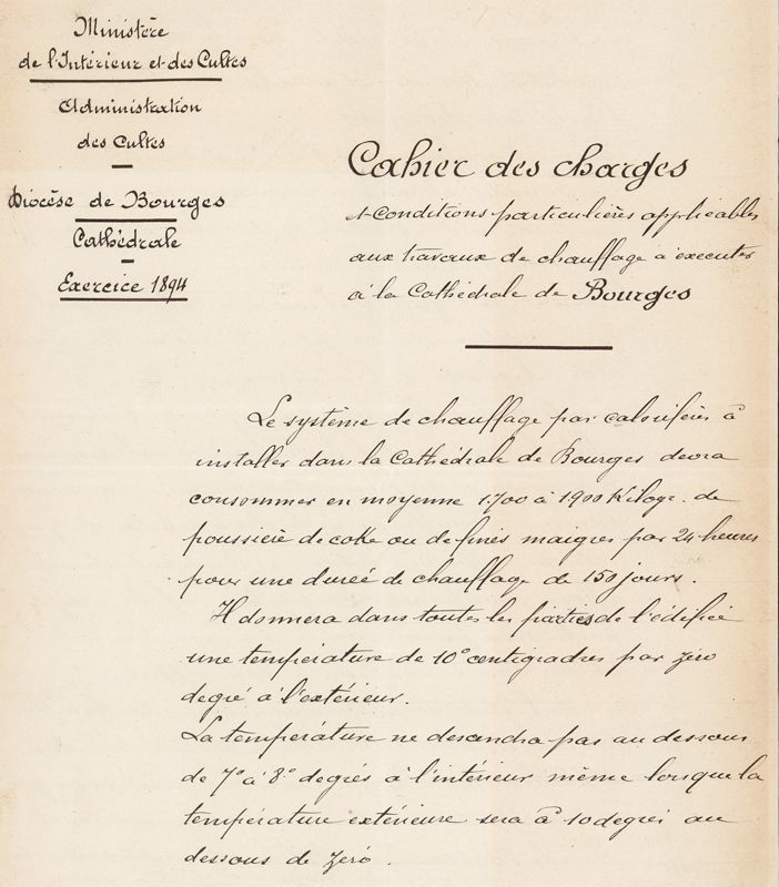 Cahier des charges des travaux de construction du calorifère, signé par Paul Boeswillwald et Albert Robin en 1894. AD du Cher, 9 T 27