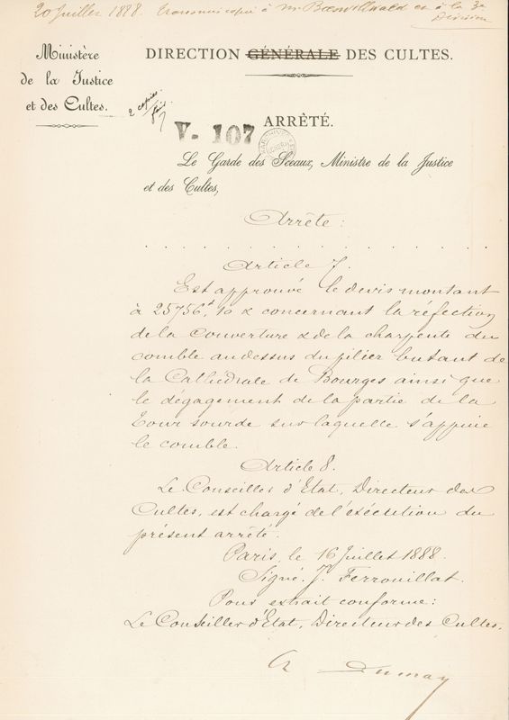 Arrêté d’approbation d’un devis par le conseiller d’État, directeur des cultes, en date du 16 juillet 1888. AD du Cher, V 107
