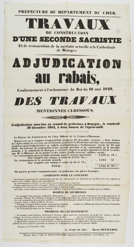 Affiche d’adjudication au rabais de la préfecture du Cher pour des travaux de construction d’une seconde sacristie et de restauration de la première, 29 décembre 1843. AD du Cher, J 212