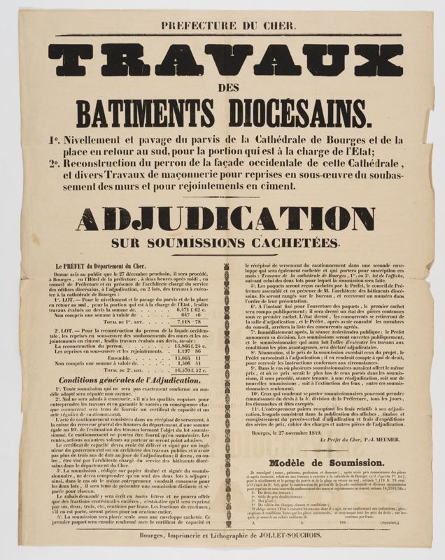 Affiche d’adjudication de la préfecture du Cher pour des travaux de nivellement et pavage du parvis de la cathédrale de Bourges et la reconstruction de son perron, 27 novembre 1849. AD du Cher, 36 Fi 63 144