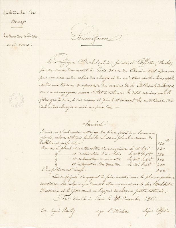 Copie de la soumission de Louis Steinheil et Nicolas Coffetier pour les travaux de réparation aux verrières de la cathédrale, du 20 novembre 1854. AD du Cher, J 214