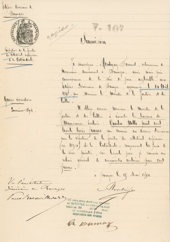 Soumission de Fernand Montigny, entrepreneur de maçonnerie, pour les grosses réparations de 1894, du 15 mai 1894. AD du Cher, V 107