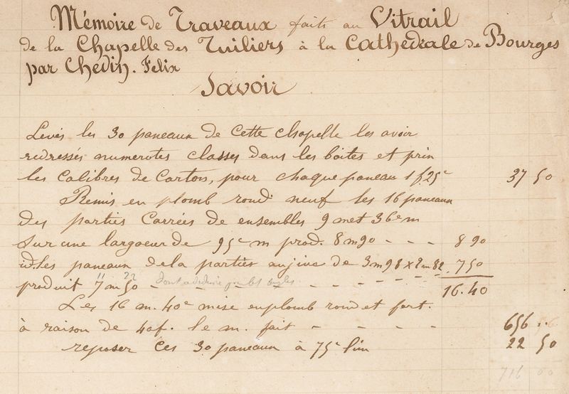 Mémoire de travaux faits au vitrail de la chapelle des Tullier par Félix Chédin, s. d. [vers 1849]. AD du Cher, J 213