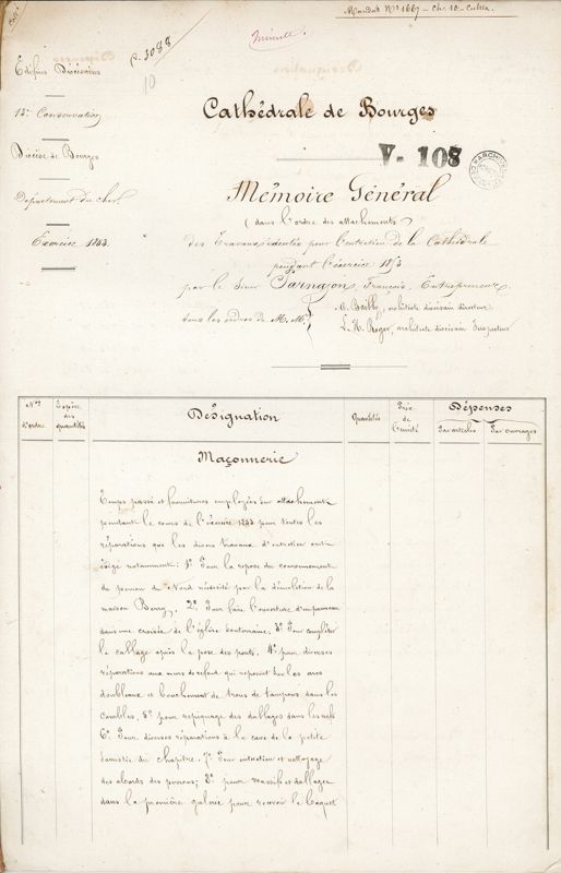 Mémoire général des travaux d’entretien de la cathédrale faits par l’entrepreneur François Parnajon en 1853 et sous les ordres d’Antoine Nicolas Bailly et de Léonard Hippolyte Roger. AD du Cher, V 108