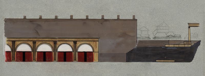 Élévation du « portique » et de la fontaine par Alexis Luberne. AD du Cher, fonds du service archéologique départemental.