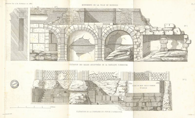 Relevés tirés de Jules Dumoutet, « Fouilles des caves du palais du duc Jean de Berry » dans les Mémoires lus à la Sorbonne en 1861, Paris, Imprimerie impériale, 1863, pl. II.