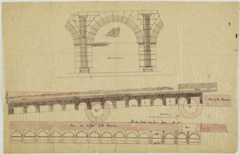 Plan et coupe des constructions gallo-romaines d'après les fouilles de M. Bourdaloue. AD du Cher, 36 Fi 63/794.