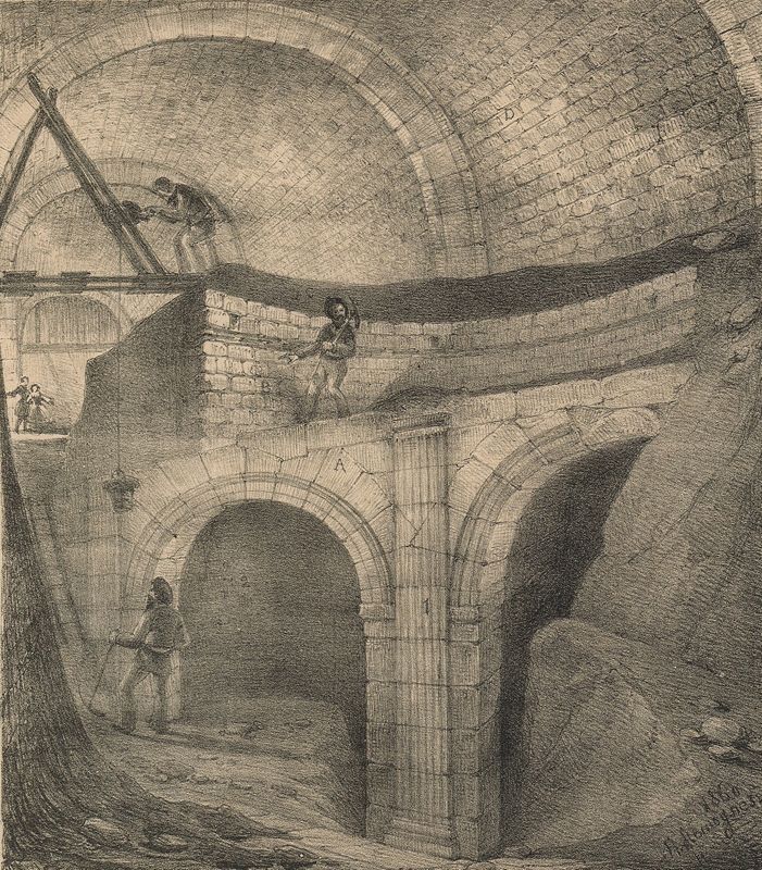 Restitution des fouilles du XIXe siècle, lithographie de Jollet, d’après un dessin de Romagnesi, Journal du Cher, 1860. AD du Cher, 4 Fi Bourges G 47.