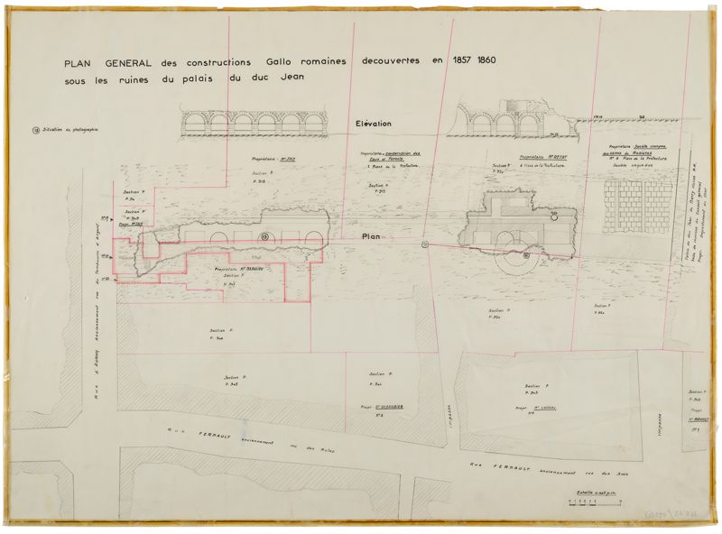 Plan général, coupes et élévations des constructions gallo-romaines découvertes sous les ruines du palais du duc Jean en 1857-1860, d’après les relevés de M. Bourdaloue, s. d. [vers 1977]. AD du Cher, 36 Fi 63/795 (2).