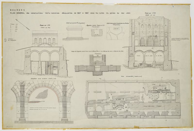 Plan général, coupes et élévations des constructions gallo-romaines découvertes sous les ruines du palais du duc Jean en 1857-1860, d’après les relevés de M. Bourdaloue, s. d. [vers 1977]. AD du Cher, 36 Fi 63/796.