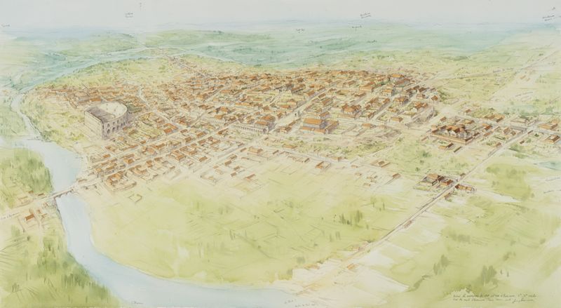 Jean Chen, Essai de restitution de la cité antique d’Avaricum des IIe-IIIe siècles, vue depuis l’ouest d’Avaricum, aquarelle et crayon, 2017 © Jean Chen.
