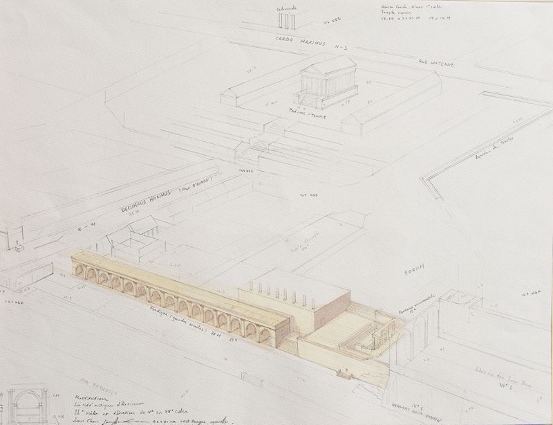 Jean Chen, Portique et fontaine gallo-romaine, esquisse n°35 pour l’Essai de restitution de la cité antique d’Avaricum des IIe-IIIe siècles, aquarelle et crayon, 2014-2015 © Jean Chen.