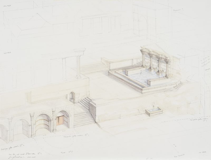 Jean Chen, Portique et fontaine gallo-romaine, esquisse n°36 pour l’Essai de restitution de la cité antique d’Avaricum des IIe-IIIe siècles, aquarelle et crayon, 2014-2016 © Jean Chen.