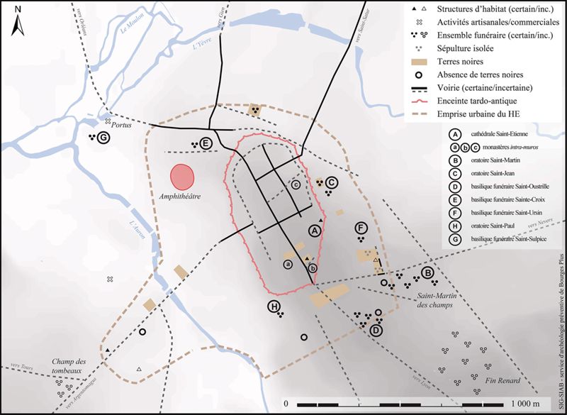 Carte de Bourges aux IVe-VIIe siècles, après construction du rempart gallo-romain.