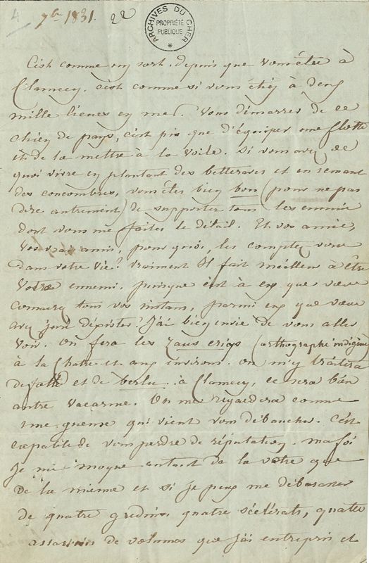 Lettre de George Sand adressée à Charles Meure, septembre 1831 (AD du Cher, J 3304, pièce 4, page 1).