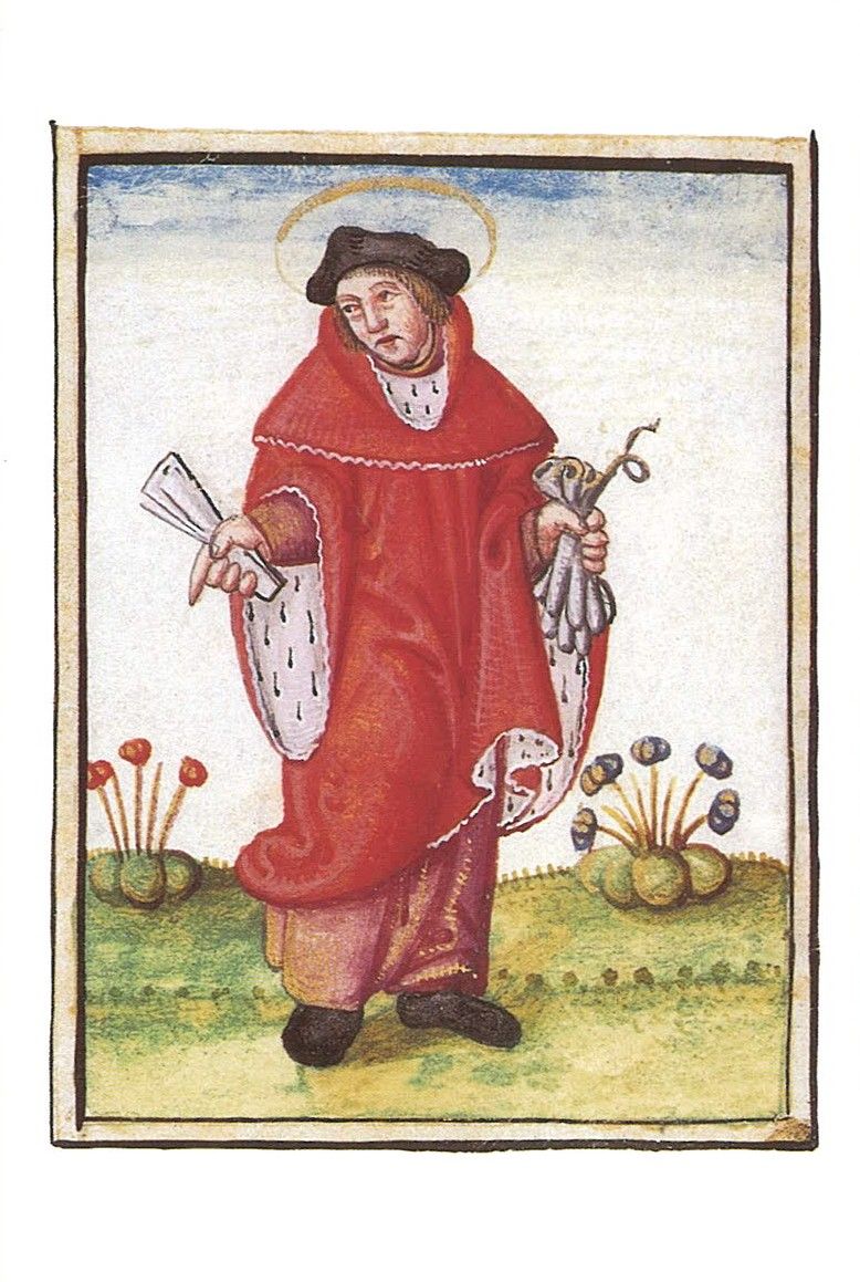 Saint-Yves. Miniature d'après un tableau autrefois au Palais ducal de Bourges. Terrier de Quantilly, vers 1540 (6 G 61, fol. 2)