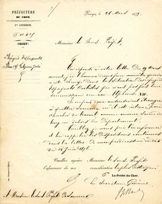 Lettre au sous-préfet de Sancerre 1877 (cote 2 Z 351)