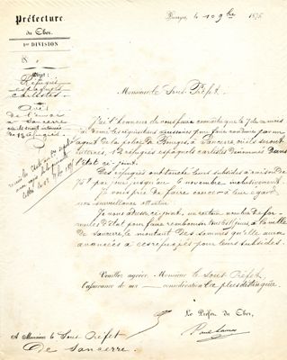 Lettre au sous-préfet de Sancerre 1875 (cote 2 Z 351)