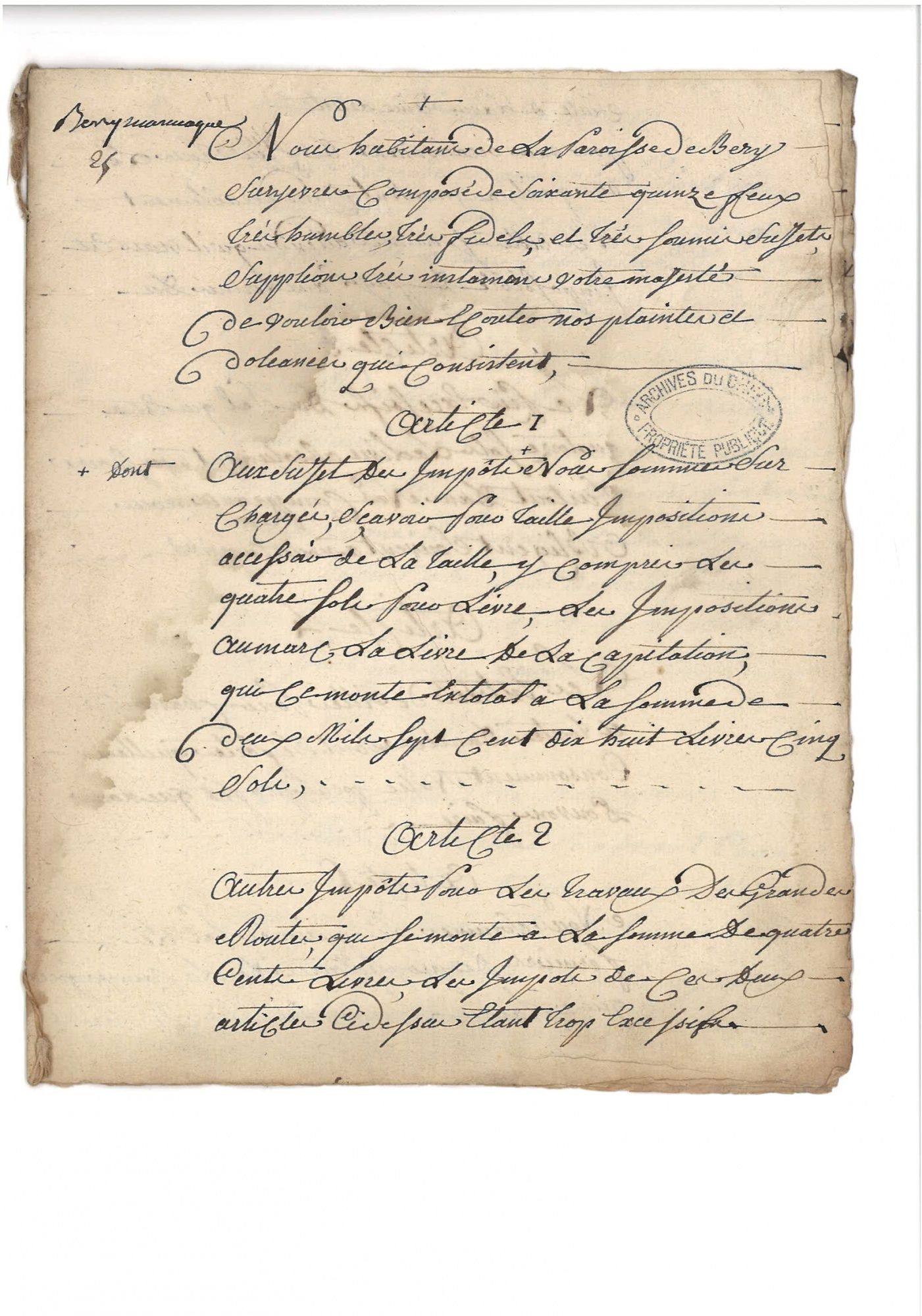 Cahier de doléances de Berry-sur-Yèvre (Marmagne, Cher) (p. 1).
