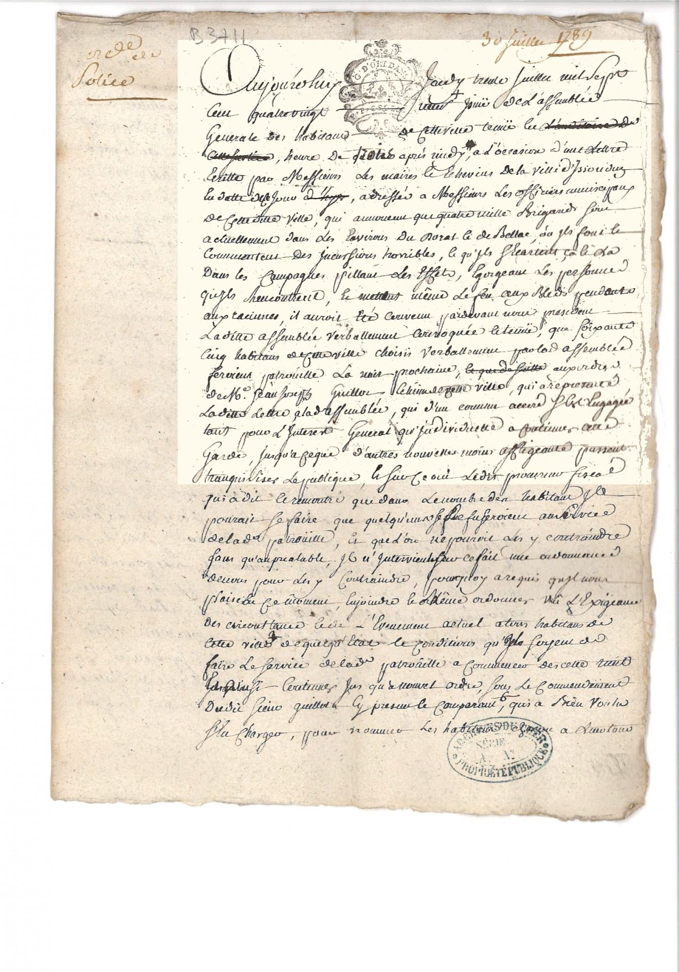 Délibération  de la commune de Graçay, 30 juillet 1789 (p. 1).