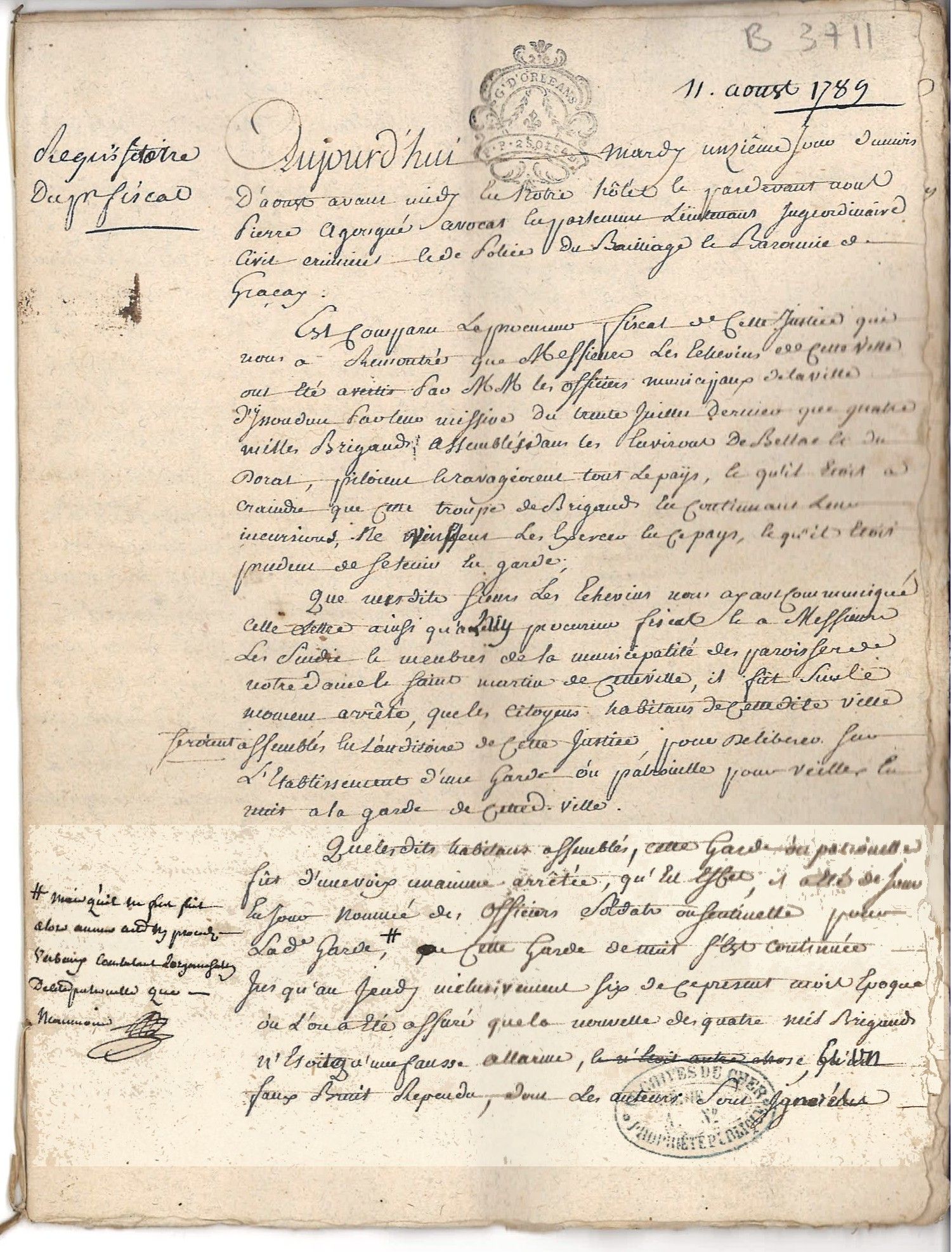 Réquisitoire du procureur de Graçay, 11 août 1789 (p. 1).