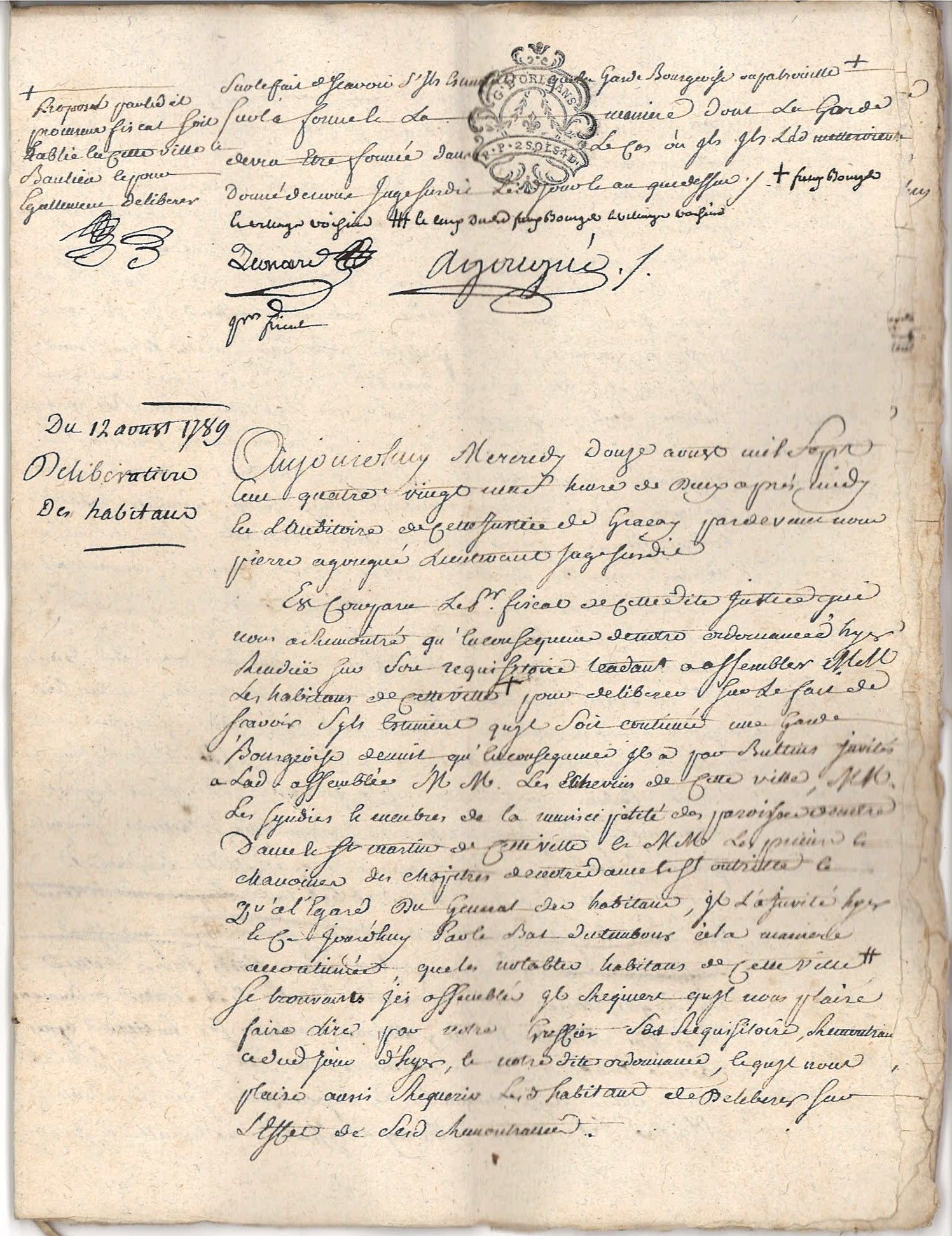 Délibération des habitants de Graçay, 12 août 1789 (p. 1).