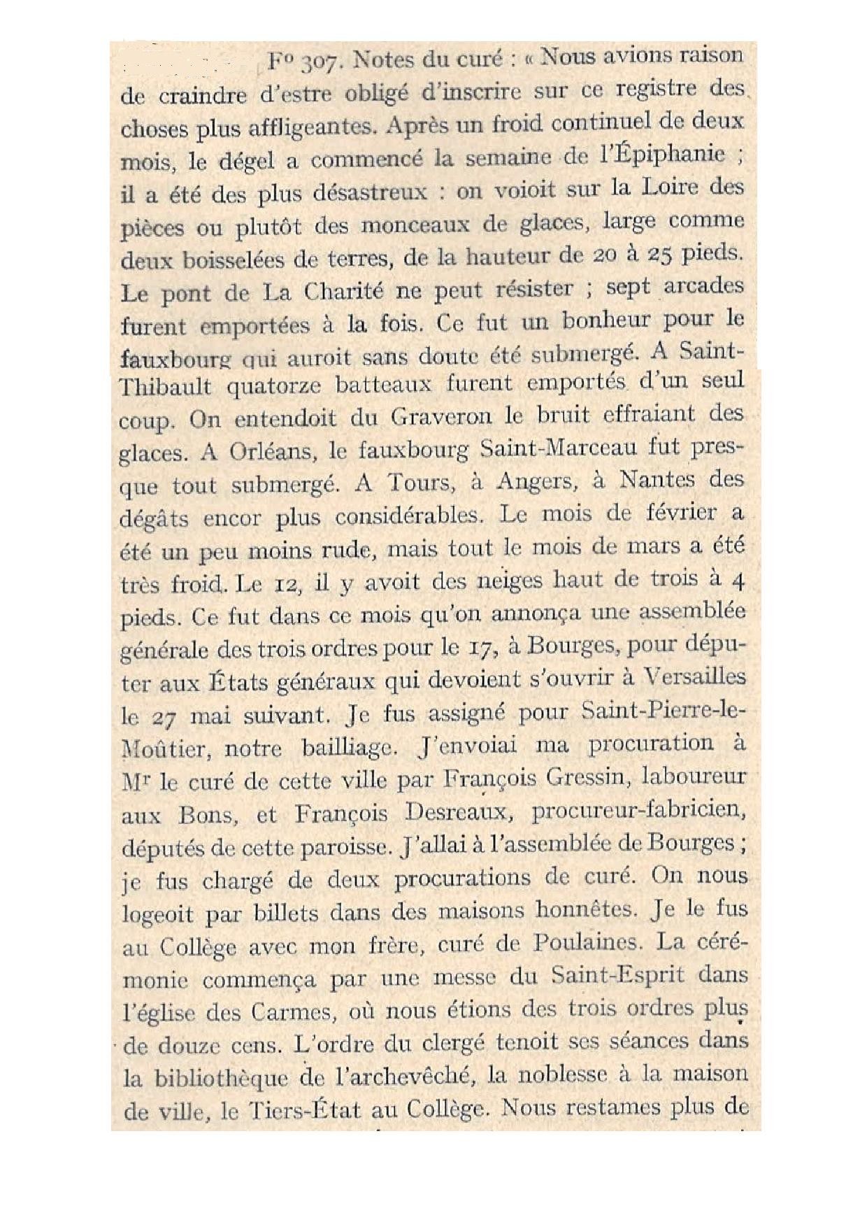 Extrait des notes du Curé de Menetou-Ratel (p. 1).