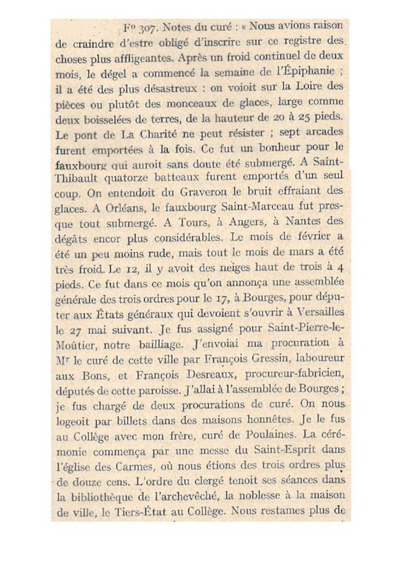 Extrait des notes du Curé de Menetou-Ratel (p. 1).