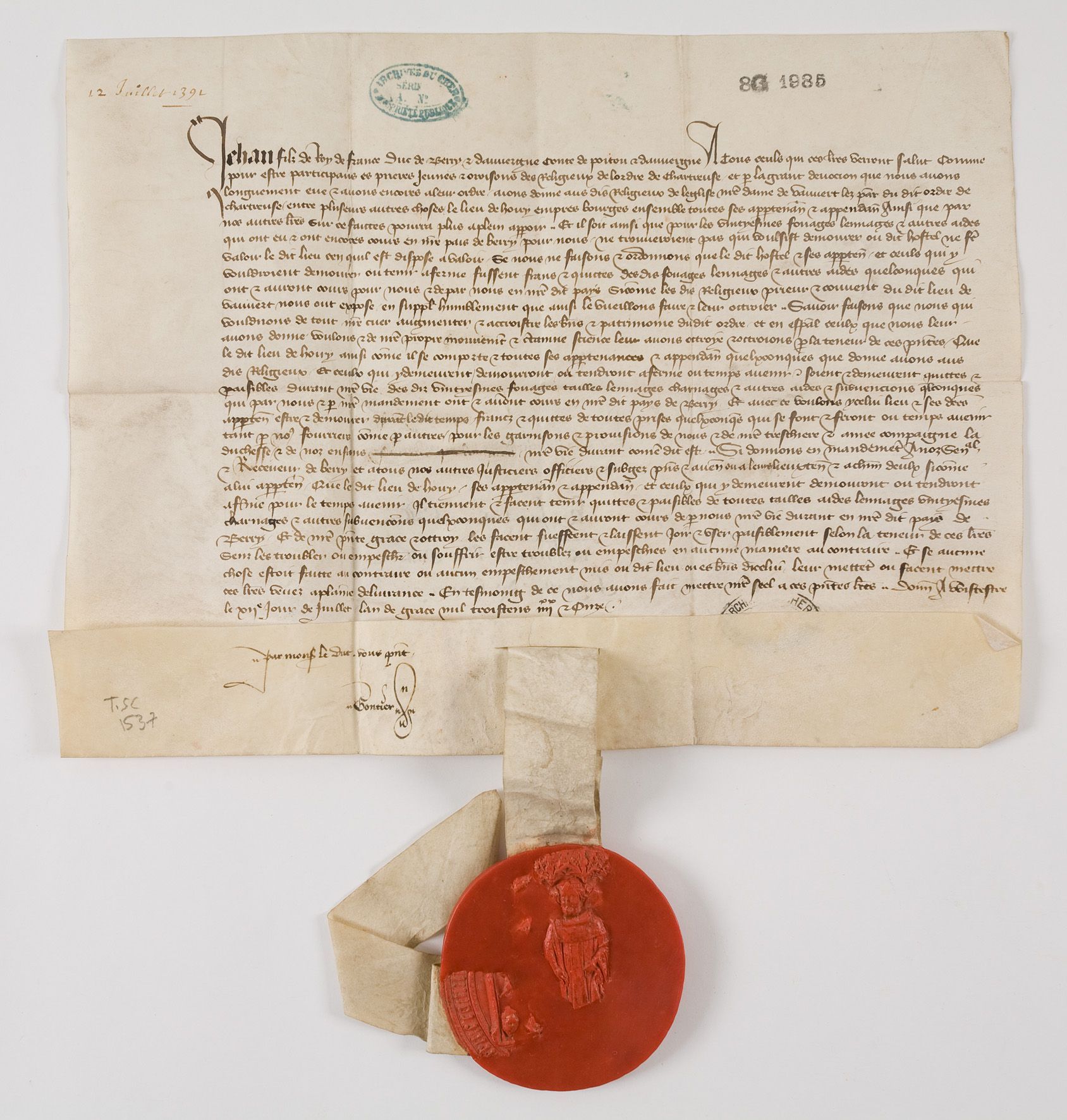 Exemption d'impôts pour les fermiers et occupants du lieu d'Ouzy près de Bourges, 1391 (8 G 1985 [TSC 1537]).