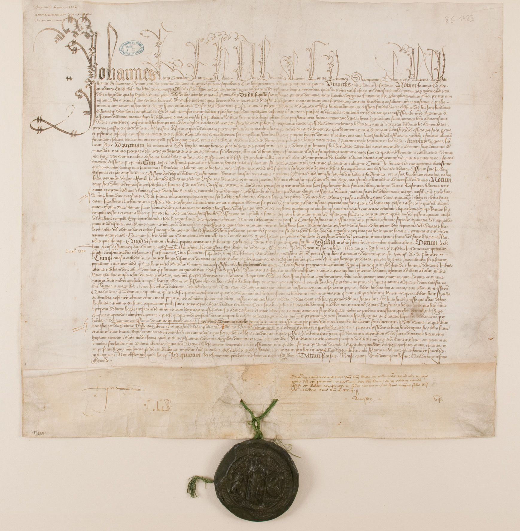 Donation de 300 livres de terre au chapitre de la cathédrale de Bourges, 1402 (8 G 1423 [TSC 90]).