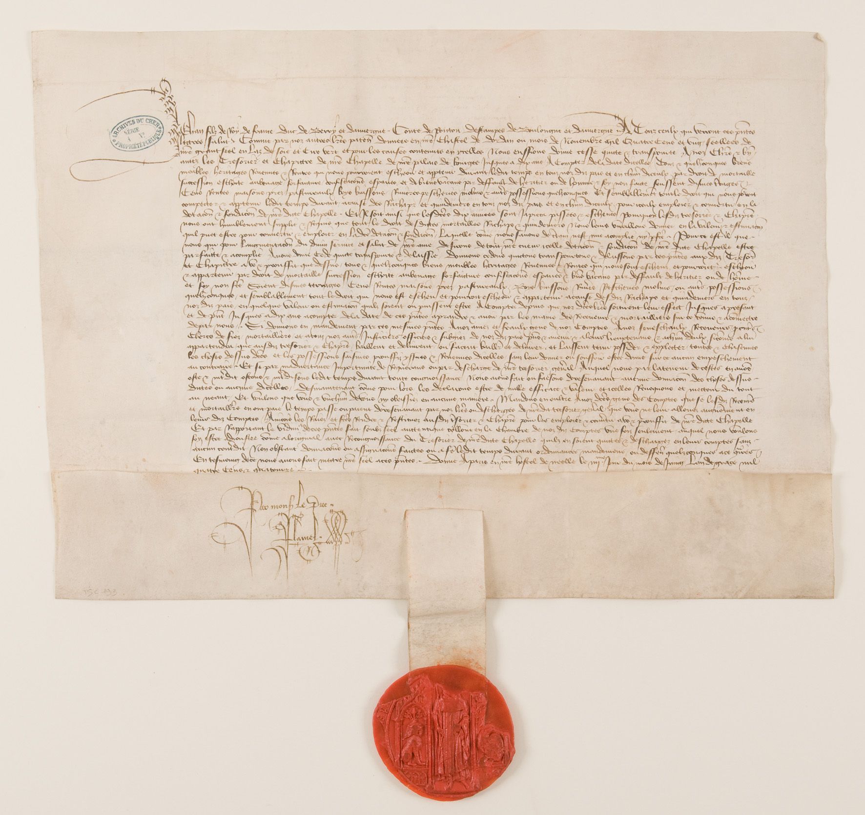 Reconduction pour 10 ans d'une donation faite à la Sainte-Chapelle de Bourges, 1414 (8 G 1450 [TSC 193]).