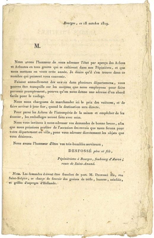 1819 : Au catalogue du pépiniériste...