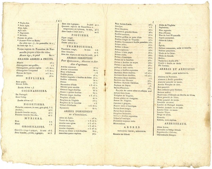 1819 : Au catalogue du pépiniériste...